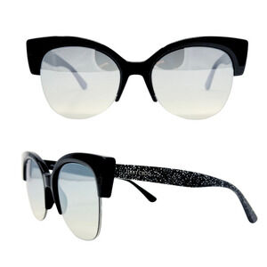 Jimmy Choo LOGO Sunglasses Black Glitter Sparkle Oversize Square Aviator Lens‎